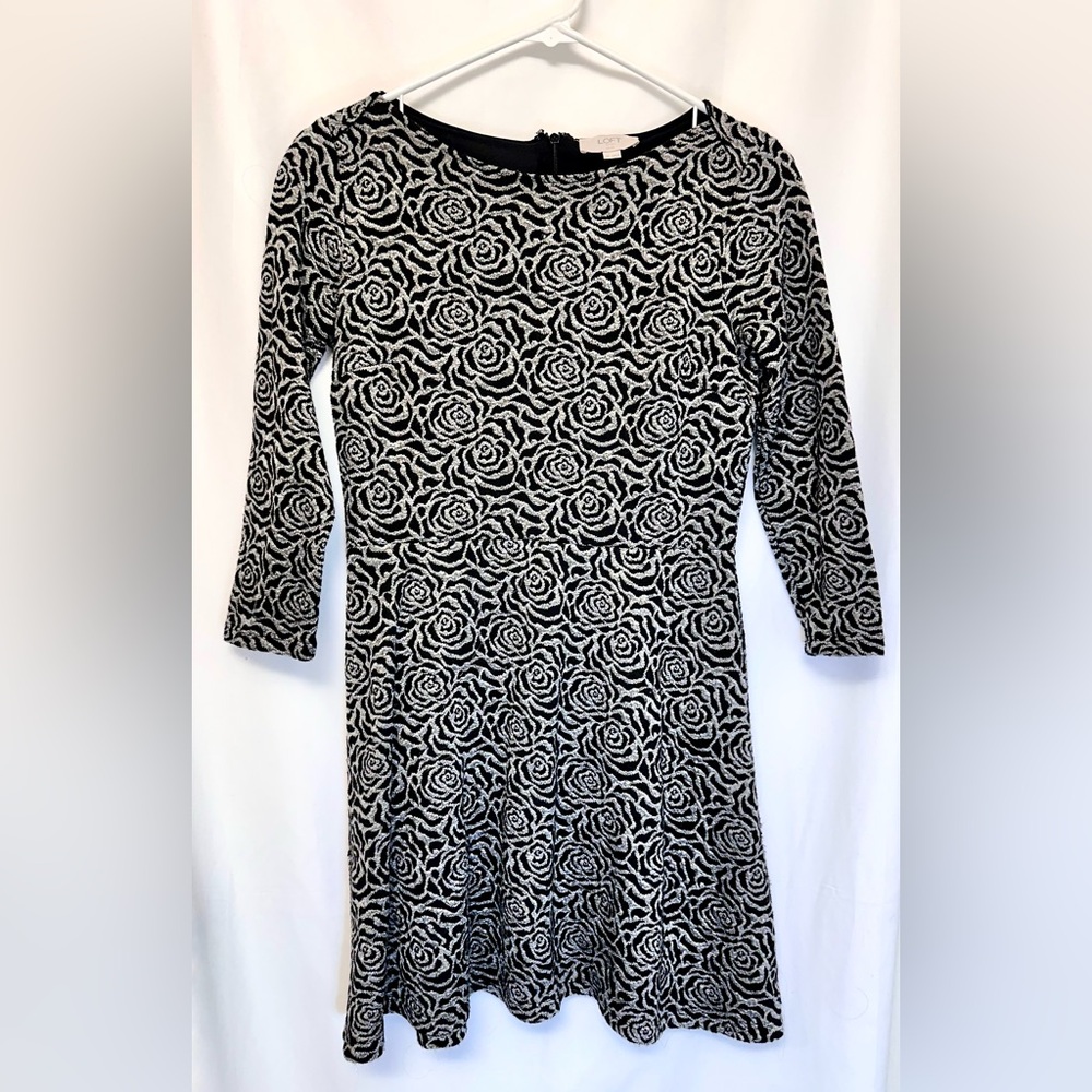 LOFT Outlet Black & Cream Rose Print Fit & Flare Dress 2P Petite